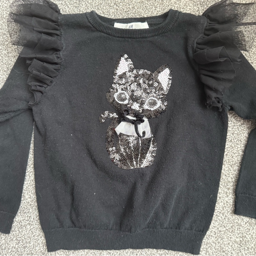 H&M Black Sequin Cat Kids Sweater